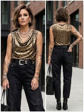 Dana Buchman M Contemporary Mobwife Leopard Metallic Silky Knit Cowl Neck Top
